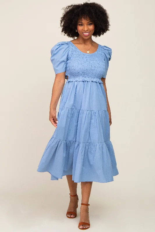 Blue Smocked Tiered Ruffle Midi Dress Comfortable Geometric Print Midi Dress