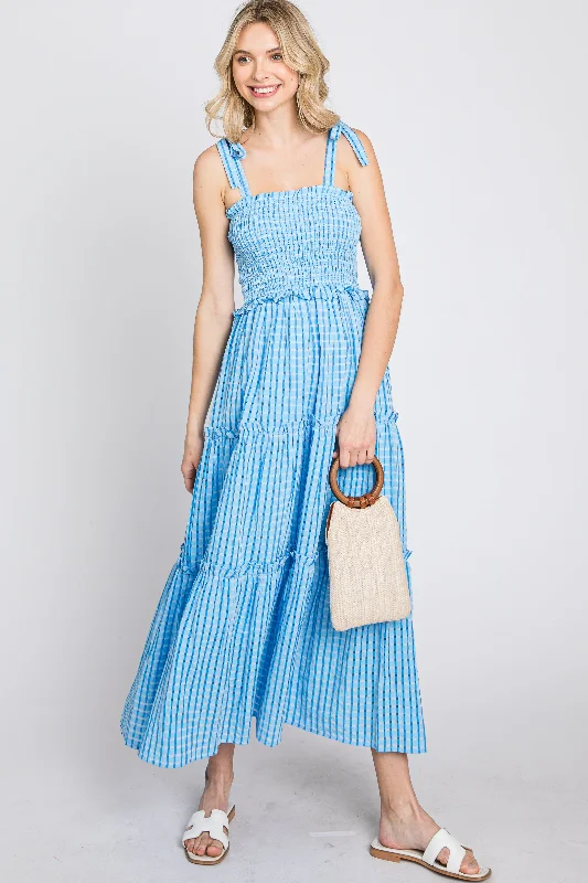 Blue Striped Smocked Shoulder Tie Midi Dress Stylish Halter Neck Midi Dress