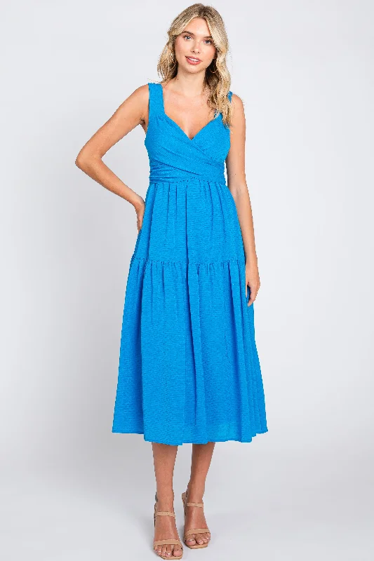 Blue Wrap Front Accent Midi Dress Comfortable Draped Midi Dress