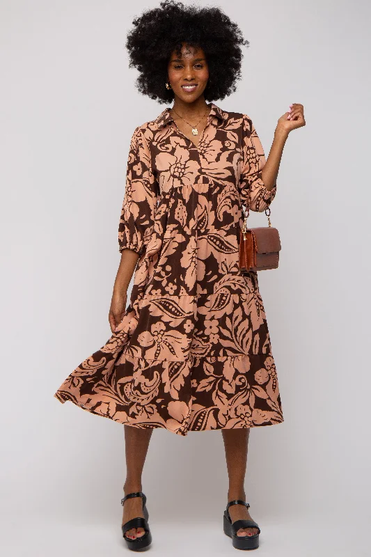 Brown Floral Collared Tiered Midi Dress Chic Floral Print Midi Dress