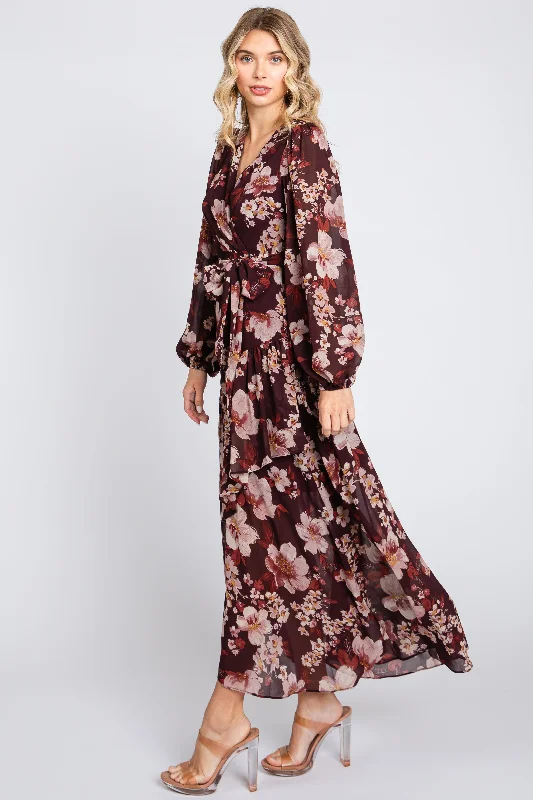 Burgundy Floral Chiffon Wrap Front Ruffle Midi Dress Stylish Animal Print Midi Dress