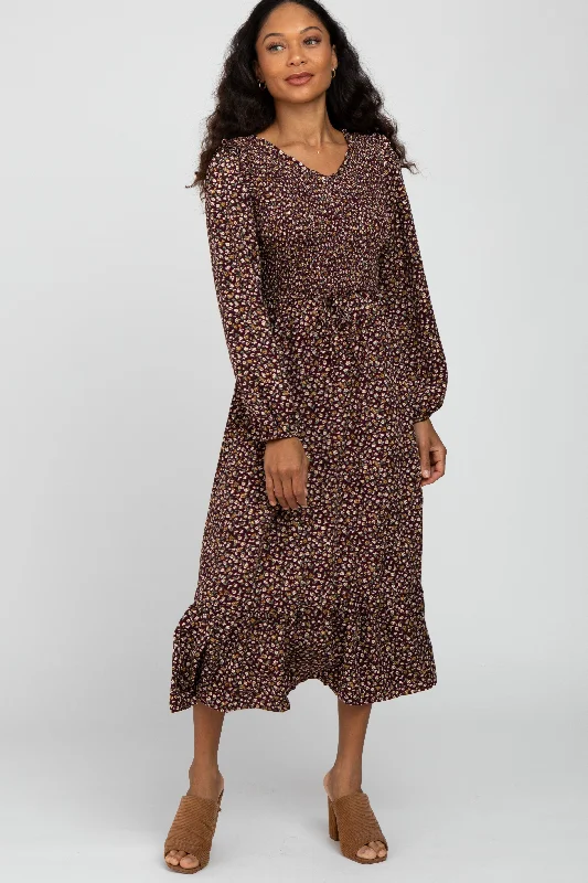 Burgundy Floral Long Sleeve Smocked Midi Dress Trendy Fit-and-Flare Midi Dress