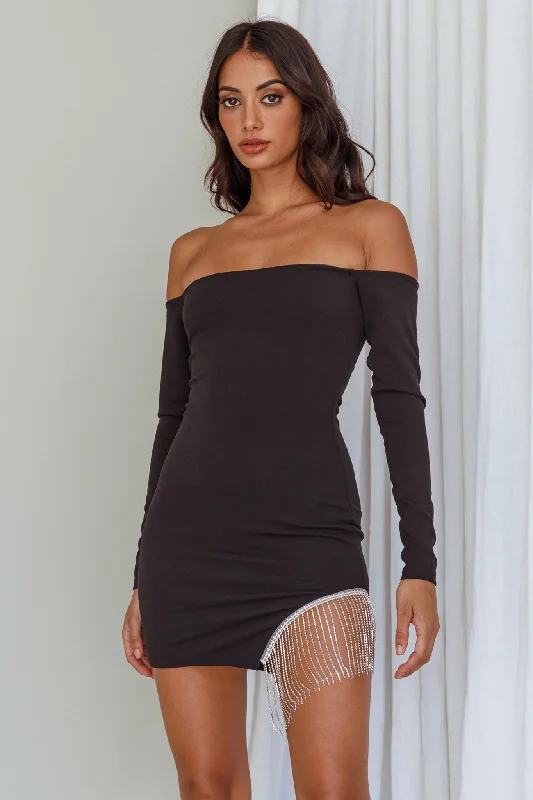 Call On Me Diamante Off-Shoulder Mini Dress Black Stylish Puff Sleeve Mini Dress