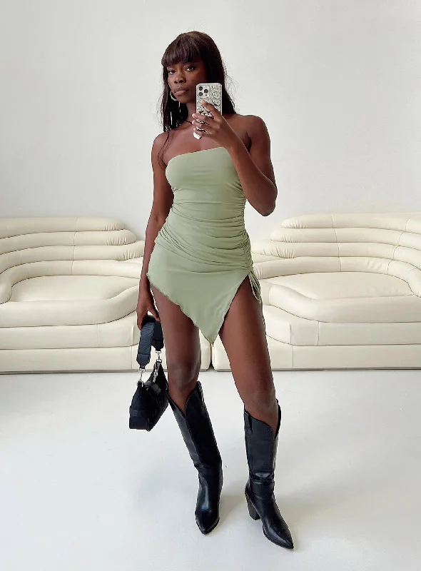 Caprani Mini Dress Sage Elegant Off-Shoulder Dress Mini