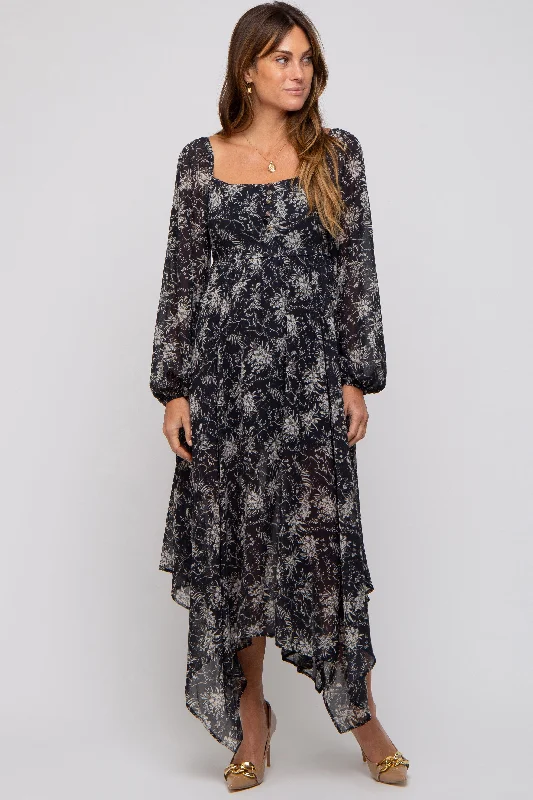 Charcoal Floral Chiffon Square Neck Button Front Midi Dress Cozy A-Line Midi Dress