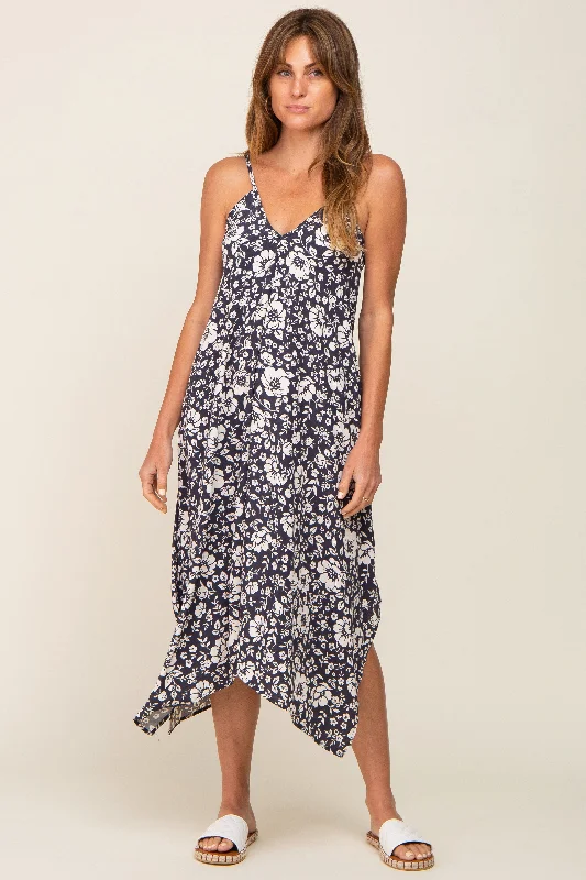 Charcoal Floral Handkerchief Midi Dress Trendy Midi Dress with Belt