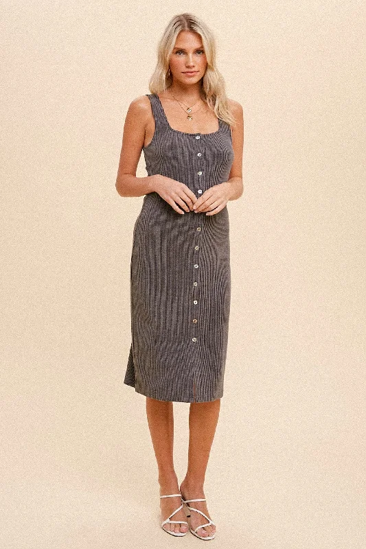 Charcoal Ribbed Button Front Sleeveless Midi Dress Comfortable Adjustable Strap Midi Dress Charcoal Ribbed Button Front Sleeveless Midi Dress Comfortable Adjustable Strap Midi Dress