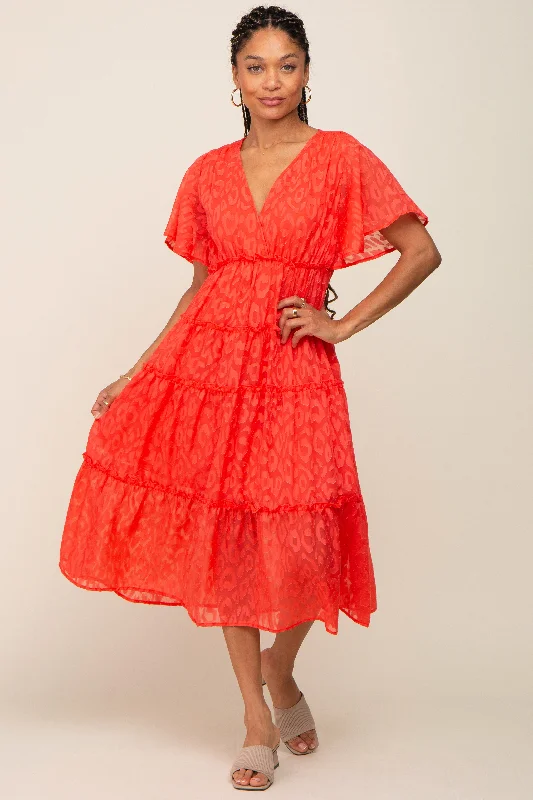 Coral Chiffon Animal Print Tiered Midi Dress Stylish Wraparound Midi Dress