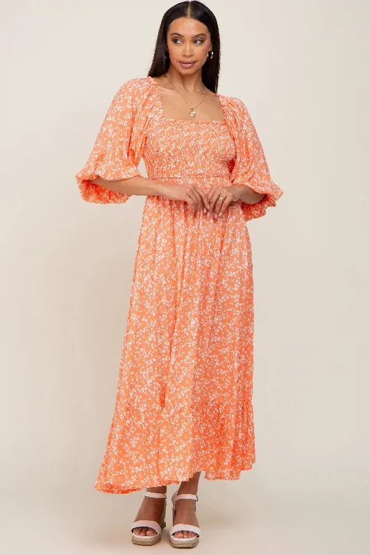 Coral Floral Smocked Tie Back Midi Dress Comfortable Denim Midi Dress
