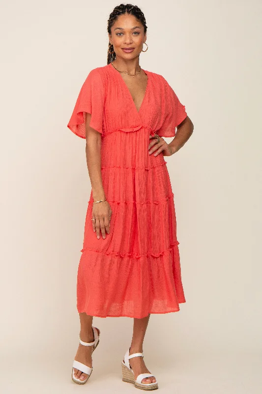 Coral Ruffle Tiered V-Neck Midi Dress Chic Bohemian Midi Dress
