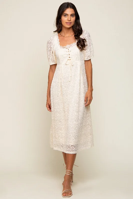 Cream Lace Cutout Midi Dress Comfortable Short Sleeve Midi Dress