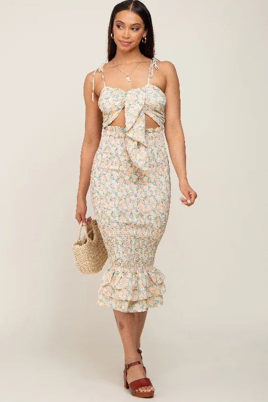 Cream Pink Rose Floral Knot Front Smocked Midi Dress Fashionable One-Shoulder Midi Dress