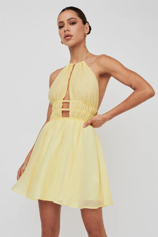 Cyndi Open Back Halterneck Mini Dress Lemon Comfortable Casual Mini Dress