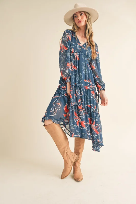 Dark Teal Floral Chiffon Ruffle Tiered Midi Dress Fashionable Polka Dot Midi Dress