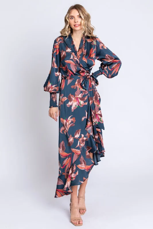 Dark Teal Satin Asymmetrical Flounce Trim Midi Dress Elegant Pleated Sleeve Midi Dress Dark Teal Satin Asymmetrical Flounce Trim Midi Dress Elegant Pleated Sleeve Midi Dress