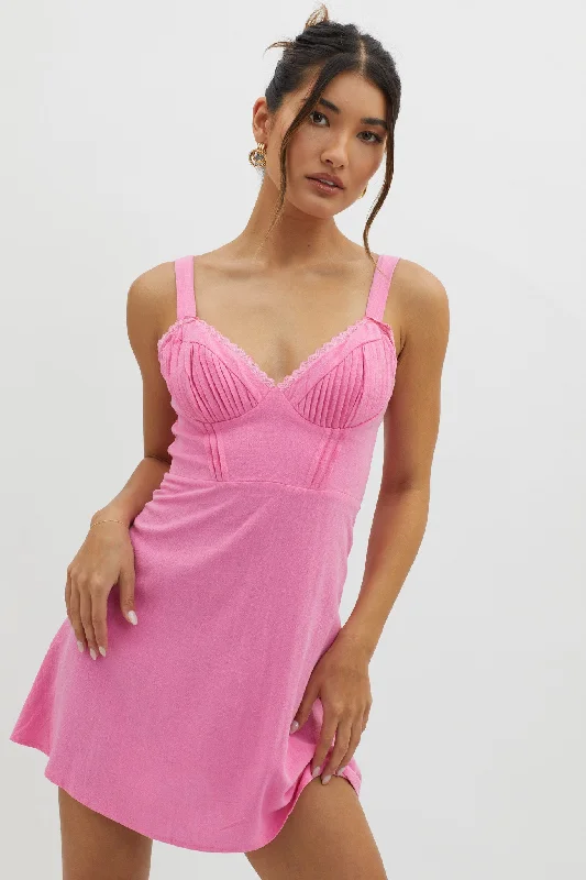 Day Dreamer Pintuck Pleat Mini Dress Hot Pink Comfortable Linen Mini Dress