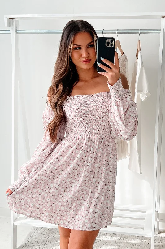 Dignified Beauty Long Sleeve Floral Mini Dress (Pink) Comfortable Zip-Up Mini Dress