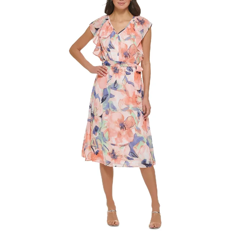 DKNY Womens Floral Print V-Neck Midi Dress