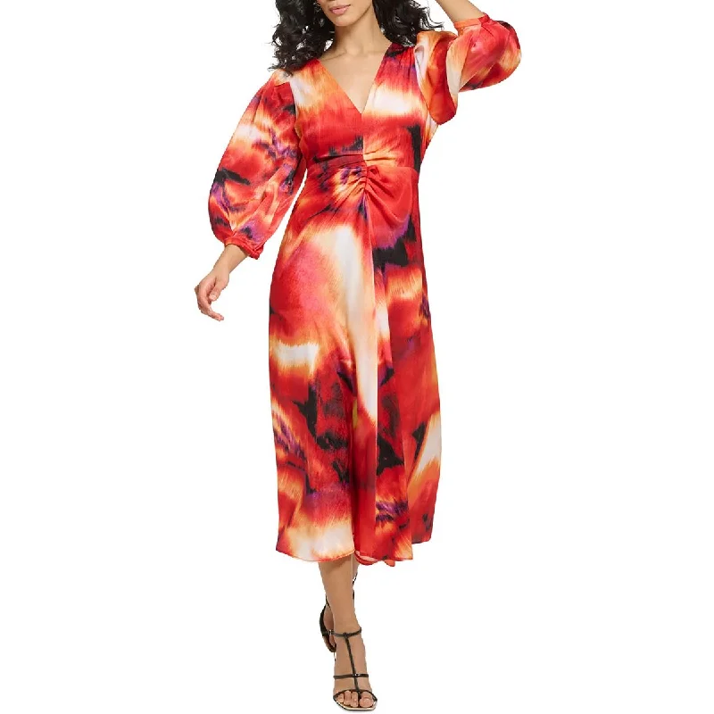 DKNY Womens Printed Puff Sleeves Midi Dress