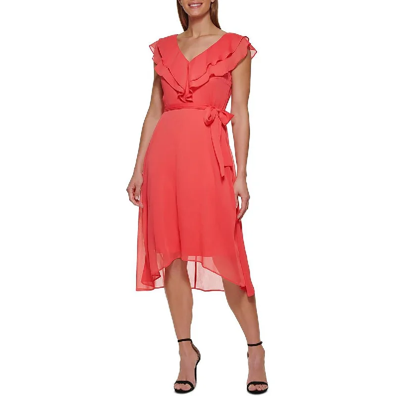 DKNY Womens Ruffled Sheer Midi Dress