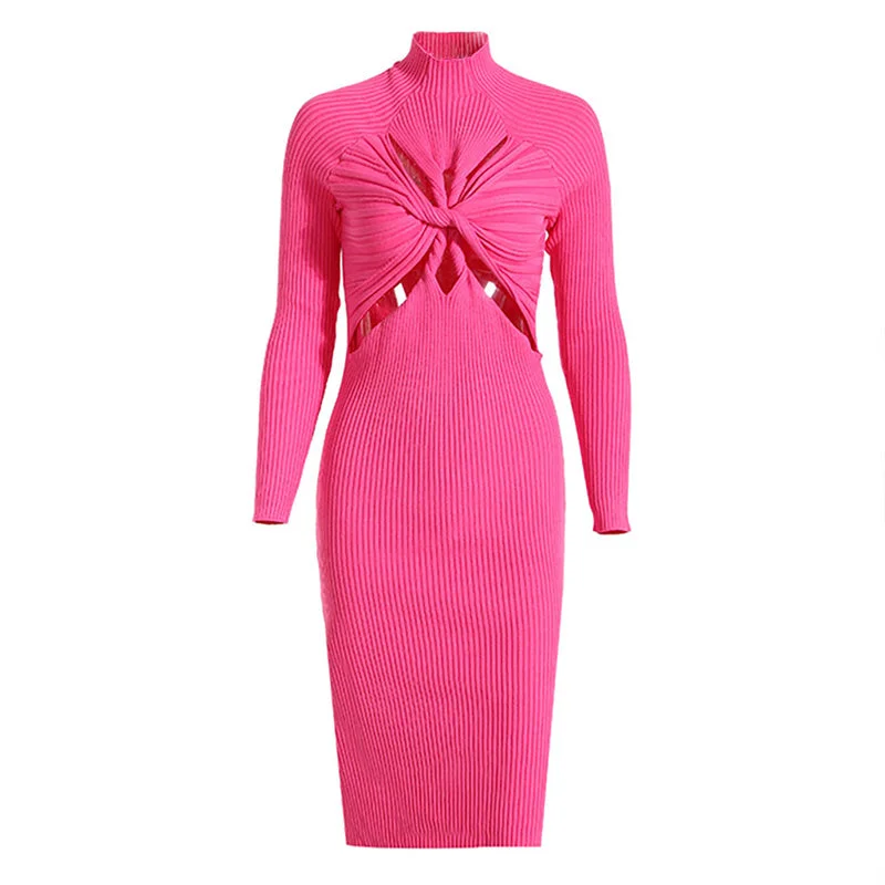 Edgy Twist Front Cutout High Neck Long Sleeve Rib Knit Midi Dress - Black Stylish High-Waisted Midi Dress Edgy Twist Front Cutout High Neck Long Sleeve Rib Knit Midi Dress - Black Stylish High-Waisted Midi Dress
