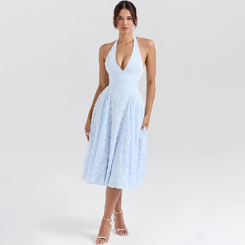 Elegant Plunge Halter Sleeveless Drop Waist Floral Jacquard Cocktail Midi Dress Elegant Maxi-Midi Hybrid Dress Elegant Plunge Halter Sleeveless Drop Waist Floral Jacquard Cocktail Midi Dress Elegant Maxi-Midi Hybrid Dress