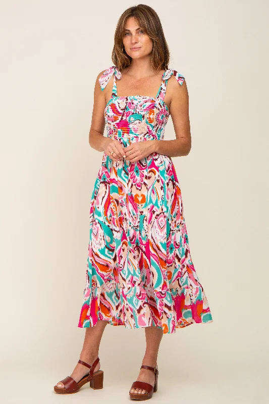 Emerald Green Printed Smocked Shoulder Tie Midi Dress Trendy Ruffled Sleeve Midi Dress Emerald Green Printed Smocked Shoulder Tie Midi Dress Trendy Ruffled Sleeve Midi Dress