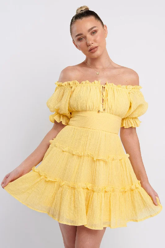 Everley Puff Sleeve Mini Dress Lemon Stylish Ribbed Mini Dress