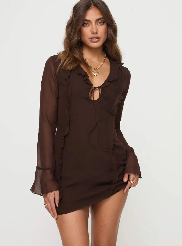 Fairly Long Sleeve Mini Dress Chocolate Comfortable Casual Mini Dress