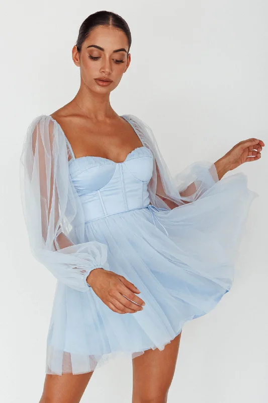 Fairytale Dream Sheer Sleeve Mini Dress Blue Elegant Silk Mini Dress