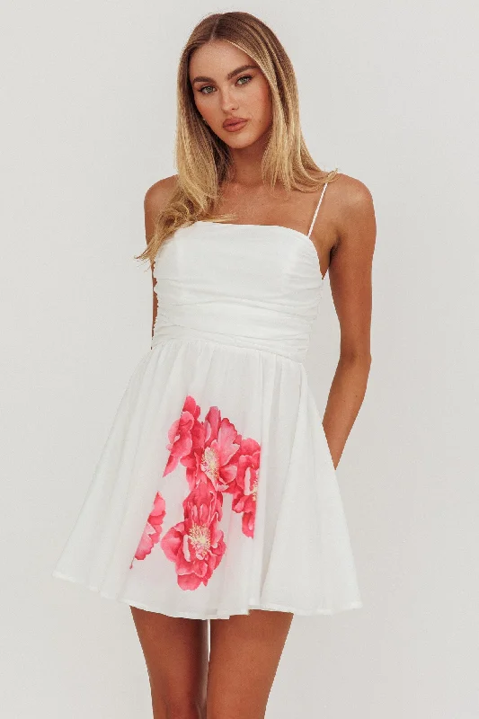 Festivity Flared Bow Floral Mini Dress White Cozy Long Sleeve Mini Dress