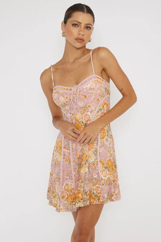 Find Your Way Lace Piping Mini Dress Pink Classic Solid Mini Dress