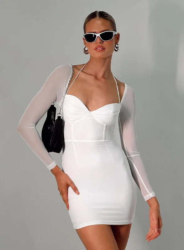 Flavelle Long Sleeve Mini Dress White Elegant Floral-Print Mini Dress