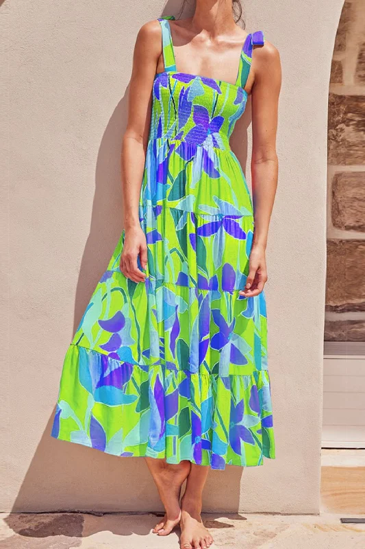 Floral Tie-Shoulder Smocked Midi Dress Cozy Tie-Dye Midi Dress