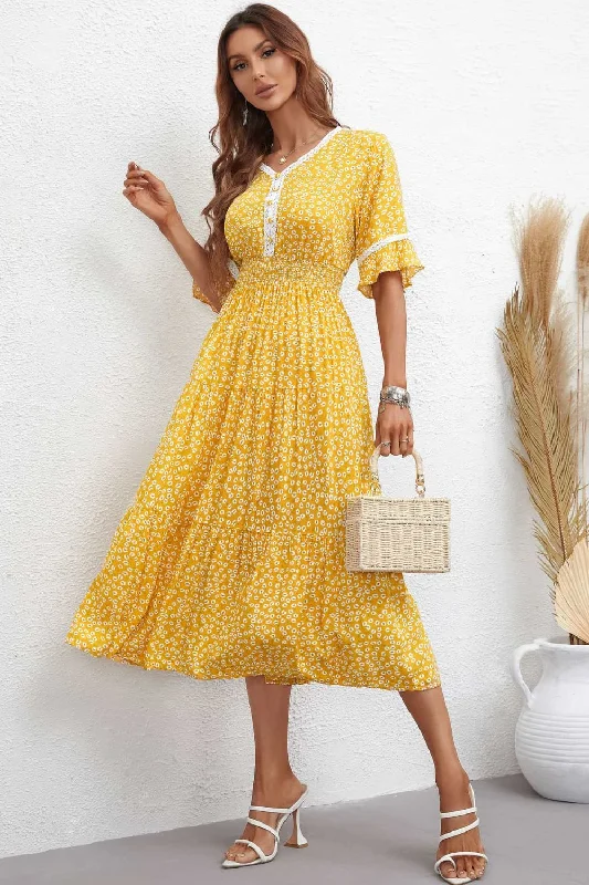 Floral V-Neck Smocked Waist Midi Dress Stylish Color Block Midi Dress