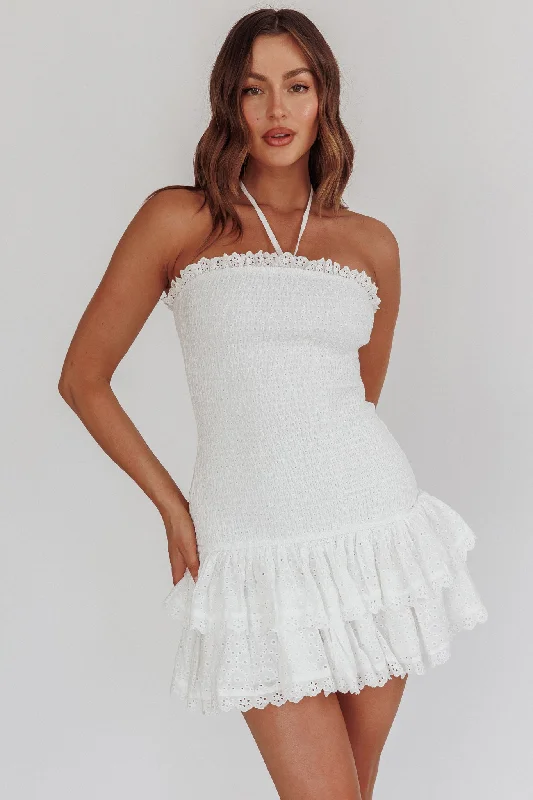 Franni Shirred Drop Waist Mini Dress White Fashionable Pleated Mini Dress