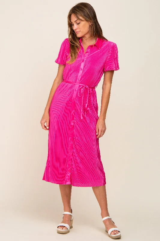 Fuchsia Pleated Button-Down Collared Midi Dress Fashionable Polka Dot Midi Dress