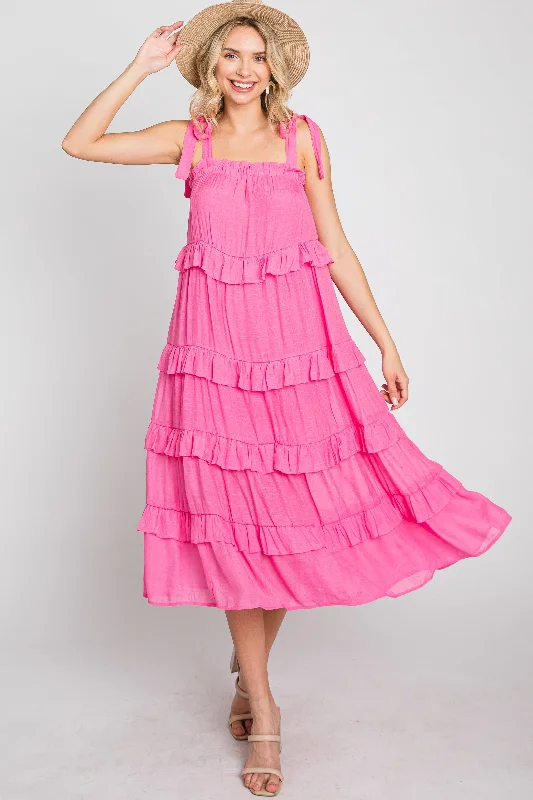 Fuchsia Ruffle Tiered Midi Dress Elegant Pleated Sleeve Midi Dress