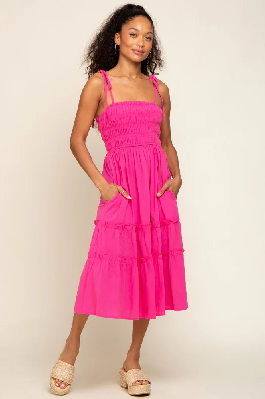 Fuchsia Sleeveless Tiered Midi Dress Trendy Ruffle Hem Midi Dress