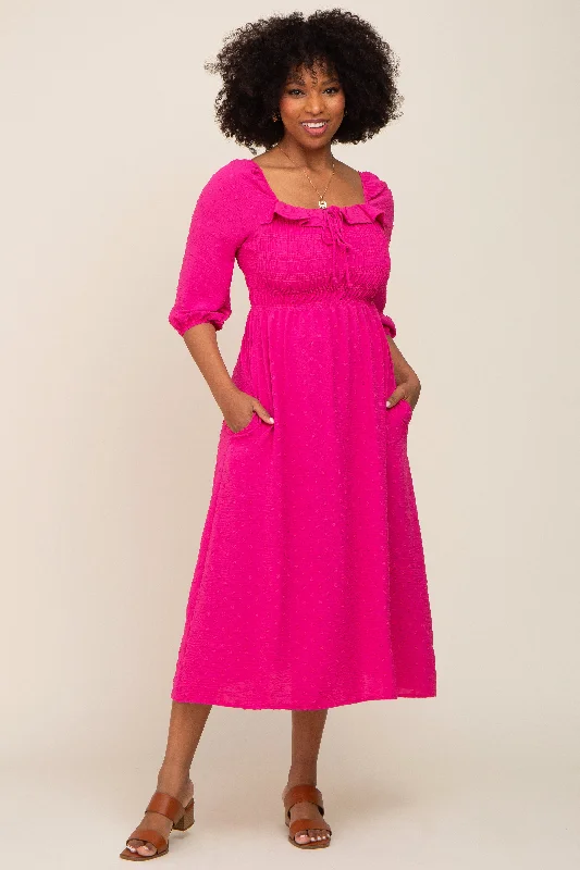 Fuchsia Swiss Dot 3/4 Sleeve Midi Dress Trendy Knit Midi Dress