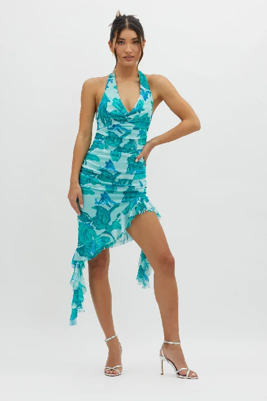 Get It Started Halterneck Ruffle Mini Dress Green Comfortable Wrap Mini Dress