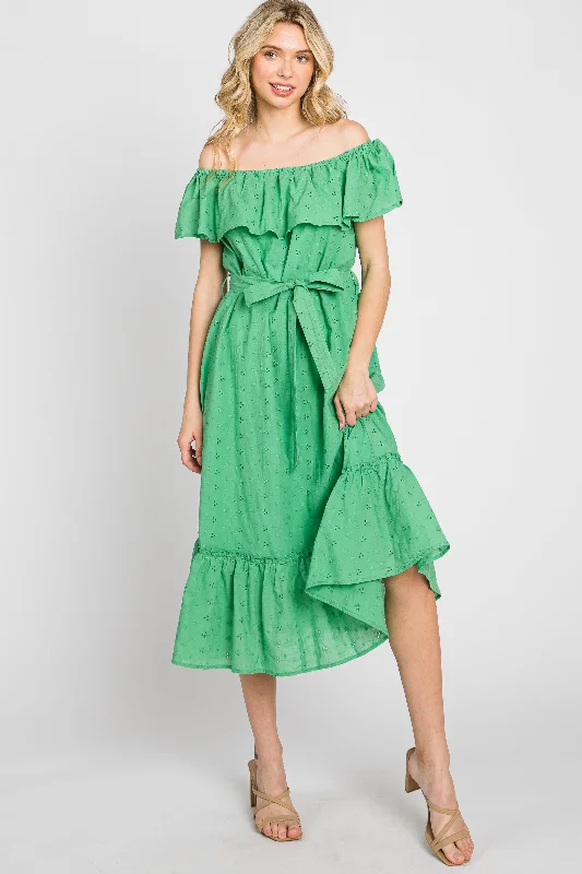 Green Eyelet Embroidered Ruffle Off Shoulder Midi Dress Fashionable Chiffon Midi Dress Green Eyelet Embroidered Ruffle Off Shoulder Midi Dress Fashionable Chiffon Midi Dress