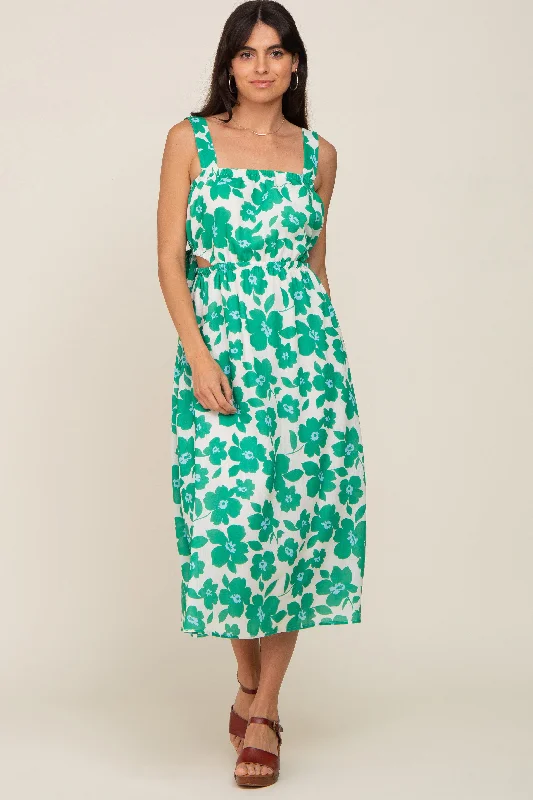Green Floral Linen Square Neck Open Back Midi Dress Stylish Animal Print Midi Dress