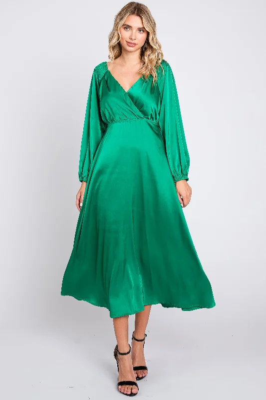 Green Satin Wrap Top Midi Dress Chic Bohemian Midi Dress