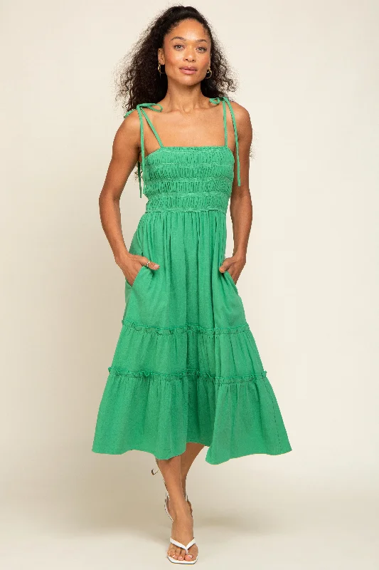 Green Sleeveless Tiered Midi Dress Fashionable Chiffon Midi Dress