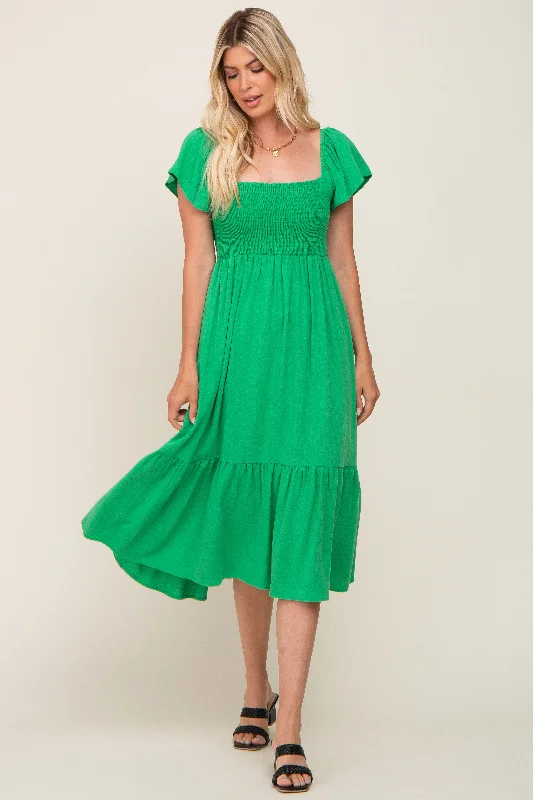Green Smocked Ruffle Hem Midi Dress Stylish Striped Midi Dress