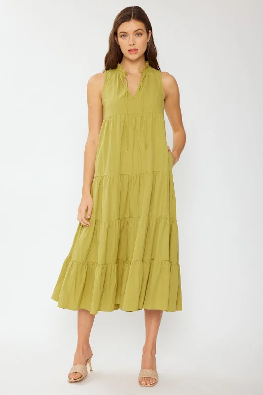 Green Tiered Linen Blend Solid Midi Dress Comfortable Denim Midi Dress