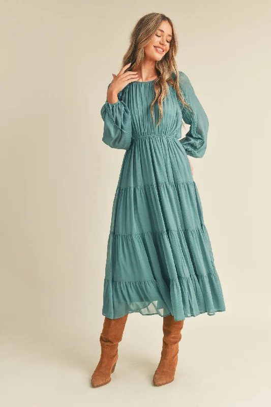 Green Tiered Ruffle Sleeve Midi Dress Elegant Floral Appliqué Midi Dress
