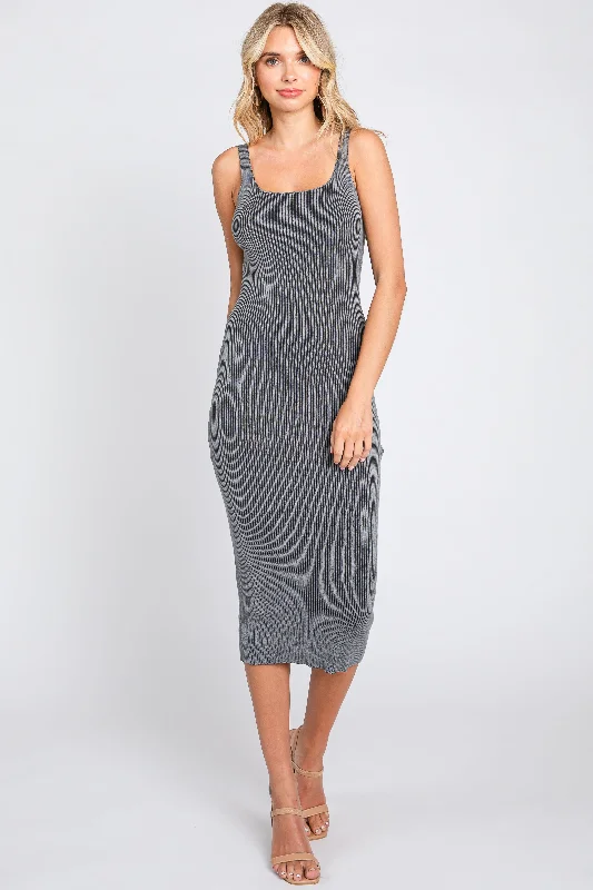 Grey Rib Knit Lace Up Back Midi Dress Stylish High-Waisted Midi Dress