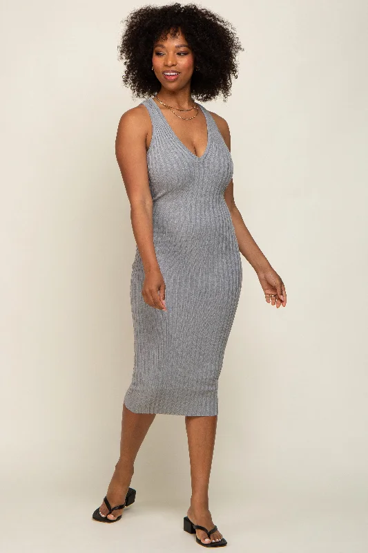 Heather Grey Ribbed Knit Fitted V-Neck Midi Dress Stylish Midi Dress with Cuffs